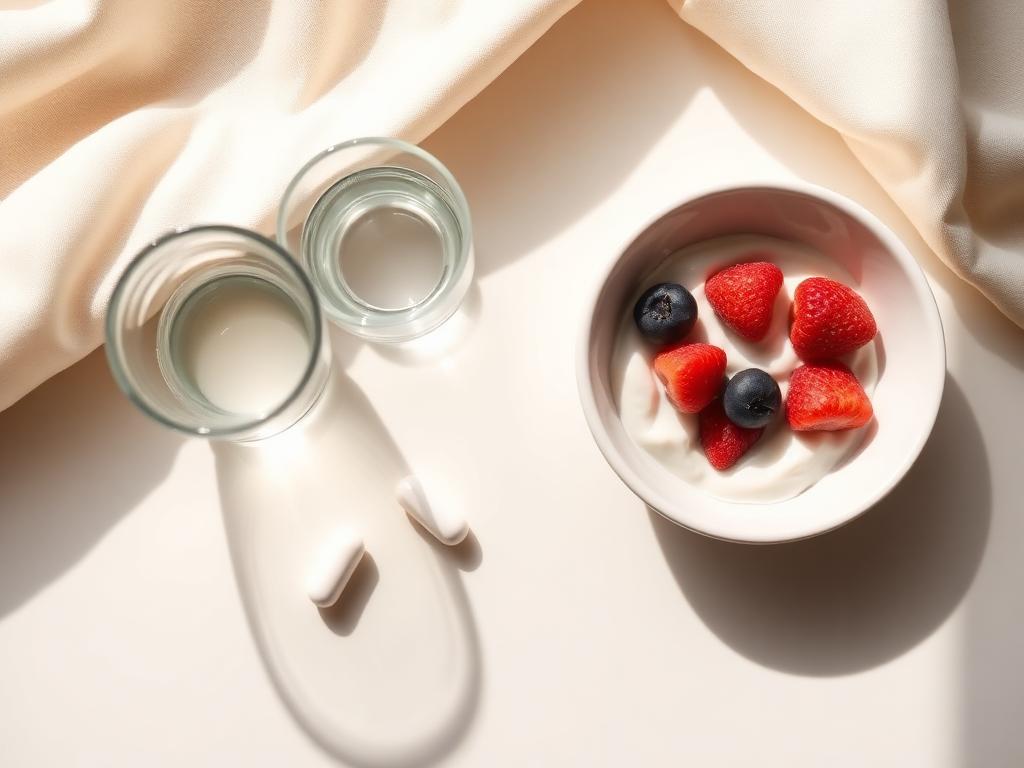 Cápsula ao lado de um copo d'água e uma tigela de iogurte com frutas, representando a rotina matinal